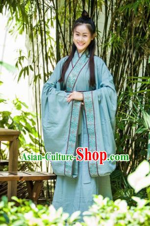Traditional Chinese Han Dynasty Princess Costume Ancient Green Curving-Front Robe for Women