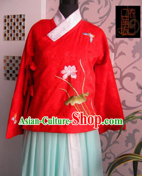 Traditional Chinese Ming Dynasty Costume Ancient Princess Embroidered Lotus Red Blouse for Women