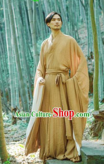 Chinese Ancient Traditional Han Dynasty Ginger Wide Sleeve Robe Scholar Swordsman Costumes for Men