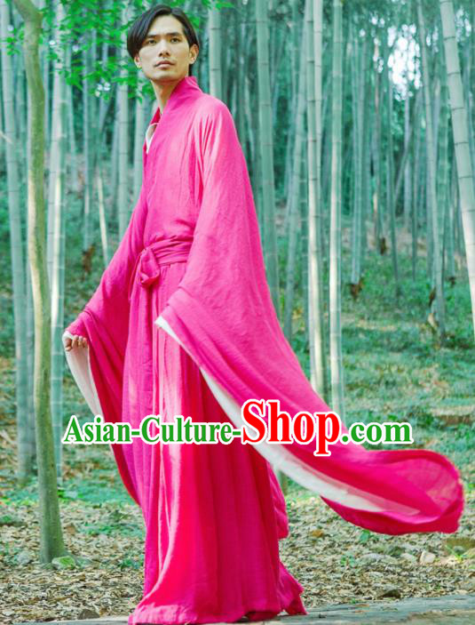Chinese Ancient Traditional Han Dynasty Rosy Wide Sleeve Robe Scholar Swordsman Costumes for Men