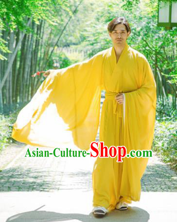 Chinese Ancient Traditional Jin Dynasty Yellow Straight-Front Robe Scholar Swordsman Costumes for Men
