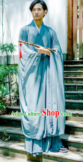 Chinese Ancient Traditional Jin Dynasty Swordsman Costumes Scholar Blue Straight-Front Robe for Men