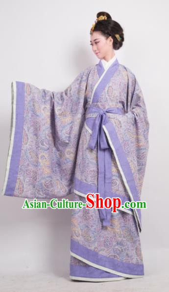 Traditional Chinese Han Dynasty Countess Purple Curving-Front Robe Ancient Palace Lady Costume for Women