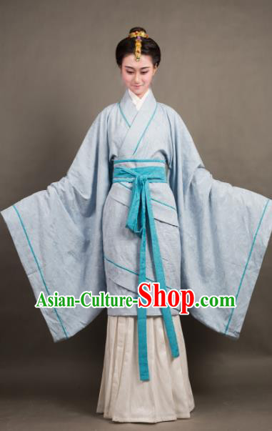 Traditional Chinese Han Dynasty Countess Blue Curving-Front Robe Ancient Palace Lady Costume for Women