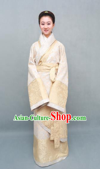 Traditional Chinese Han Dynasty Maidenform Beige Curving-Front Robe Ancient Marquise Costume for Women
