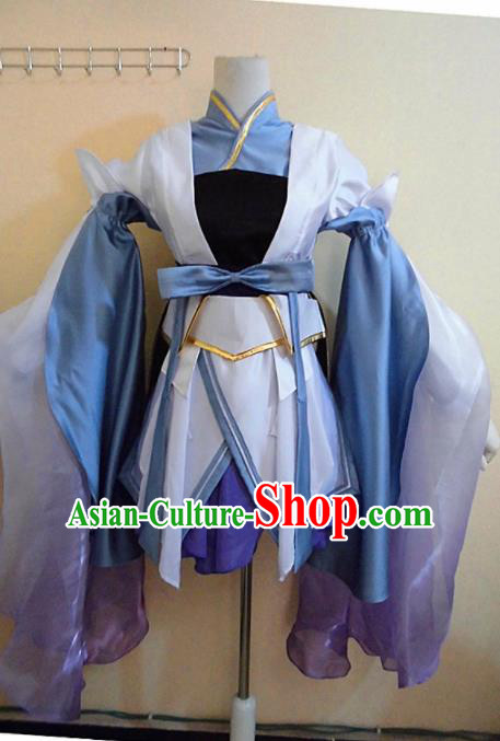 Asian Chinese Cosplay Female Swordsman Costume Ancient Young Lady Knight Blue Dress for Women