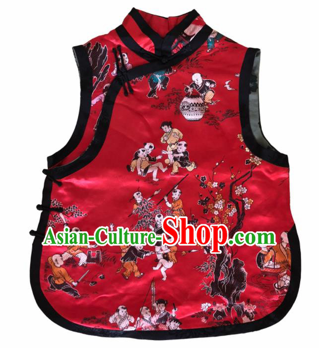 Traditional Chinese Handmade Embroidered Costume Tang Suit Slant Opening Red Vest for Women