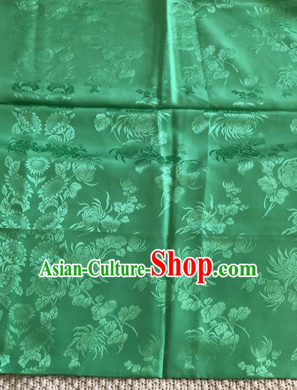 Asian Chinese Traditional Fabric Peony Chrysanthemum Pattern Green Brocade Cloth Silk Fabric