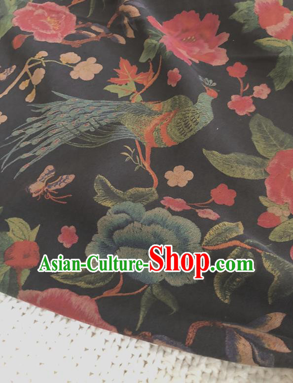 Asian Chinese Traditional Fabric Palace Peony Pattern Black Brocade Cloth Silk Fabric