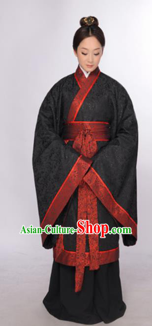 Asian Chinese Traditional Han Dynasty Empress Black Curving-Front Robe Ancient Palace Queen Costumes for Women