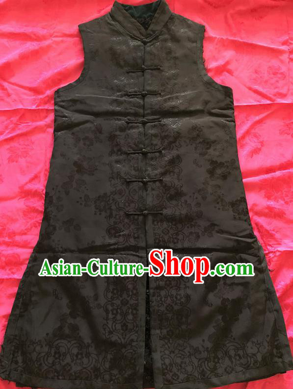 Traditional Chinese Handmade Costume Tang Suit Waistcoat Embroidered Black Brocade Long Vest for Women