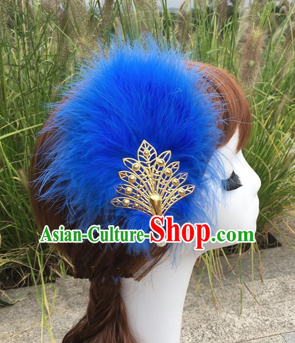 Traditional Chinese Bride Hair Accessories Folk Dance Royalblue Feather Hair Stick for Kids