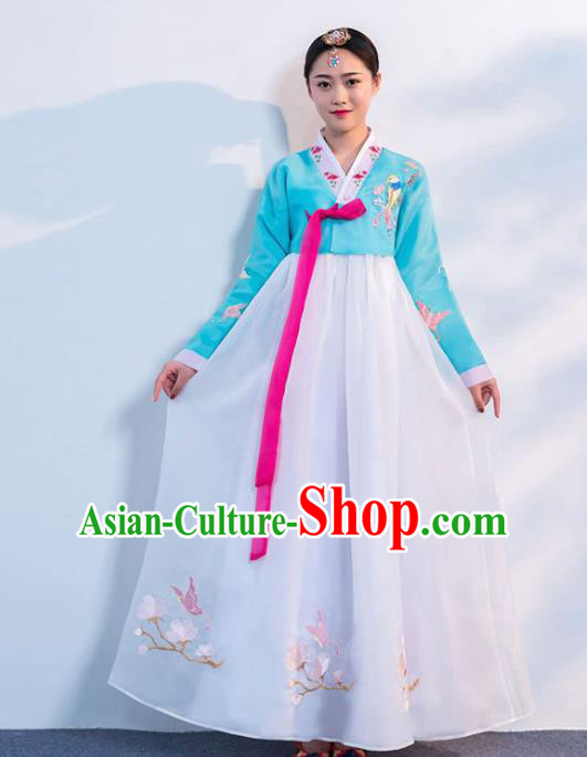 Top Grade Korean Traditional Costumes Asian Korean Hanbok Bride Blue Blouse and White Skirt for Women