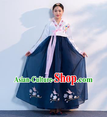 Top Grade Korean Traditional Costumes Asian Korean Hanbok Bride White Blouse and Navy Skirt for Women