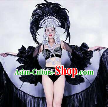 Professional Stage Performance Halloween Costume Brazilian Carnival Black Feather Clothing and Headwear for Women