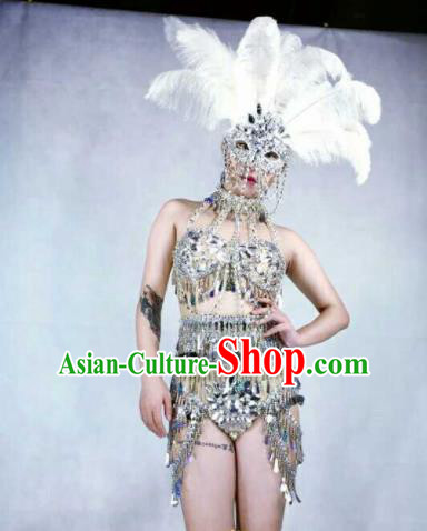 Professional Stage Performance Costume Halloween Cosplay Sequins Swimwear and Feather Headwear for Women