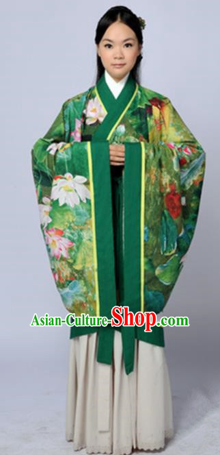 Chinese Traditional Han Dynasty Princess Printing Lotus Green Hanfu Dress Ancient Maidenform Costumes for Women