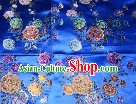 Chinese Traditional Silk Fabric Tang Suit Blue Brocade Cheongsam Classical Peony Pattern Cloth Material Drapery