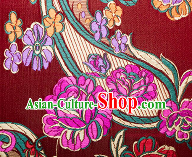 Chinese Traditional Silk Fabric Tang Suit Classical Flowers Pattern Red Brocade Cloth Cheongsam Material Drapery