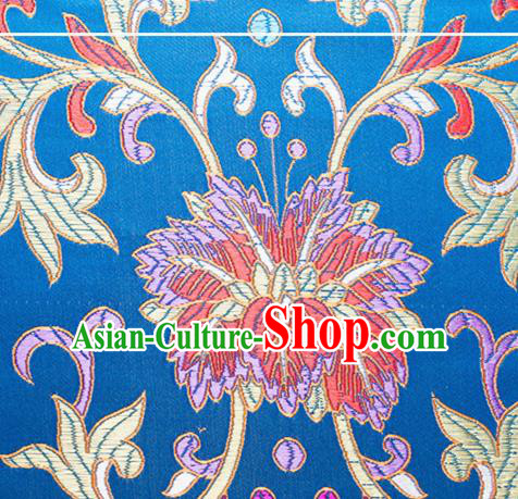 Chinese Traditional Blue Brocade Fabric Tang Suit Classical Flowers Pattern Silk Cloth Cheongsam Material Drapery