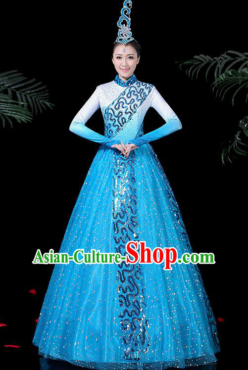 Chinese Classical Dance Costume Traditional Folk Dance Blue Dress for Women
