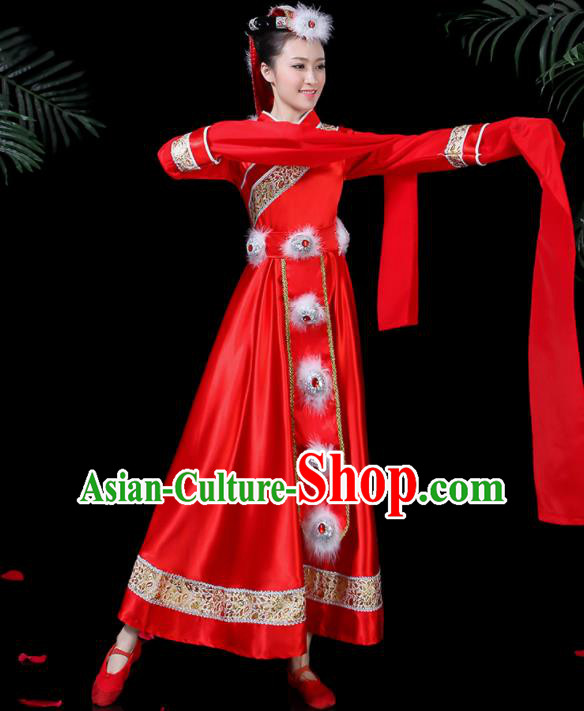 Chinese Traditional Classical Dance Red Dress Zang Minority Folk Dance Clothing for Women
