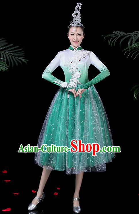 Professional Umbrella Dance Modern Dance Costume Stage Performance Chorus Green Dress for Women
