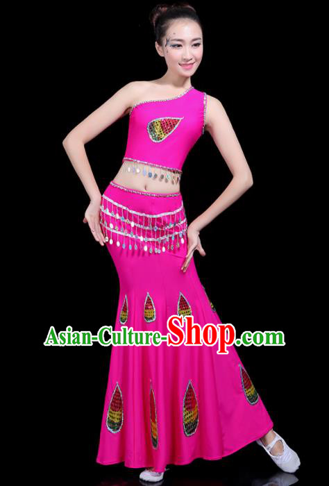 Chinese Traditional Peacock Dance Rosy Dress Dai Minority Folk Dance National Costume for Women