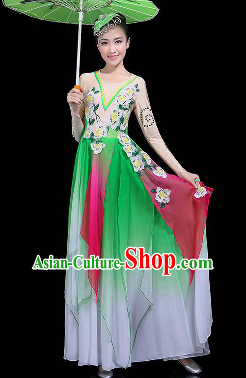 Traditional Fan Dance Classical Dance Green Dress Chinese Folk Dance Umbrella Dance Costume for Women