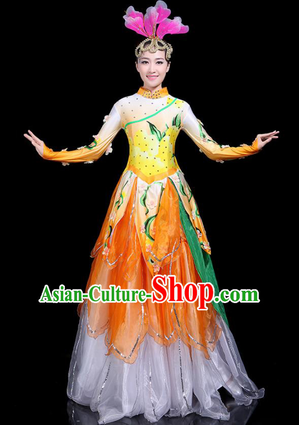 Traditional Classical Dance Umbrella Dance Yellow Dress Chinese Folk Dance Peony Costume for Women