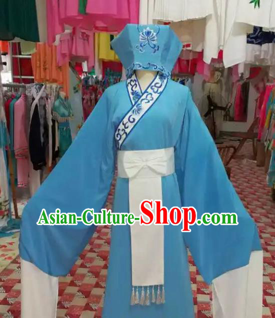 Chinese Traditional Beijing Opera Scholar Blue Robe Peking Opera Niche Costume and Hat for Adults