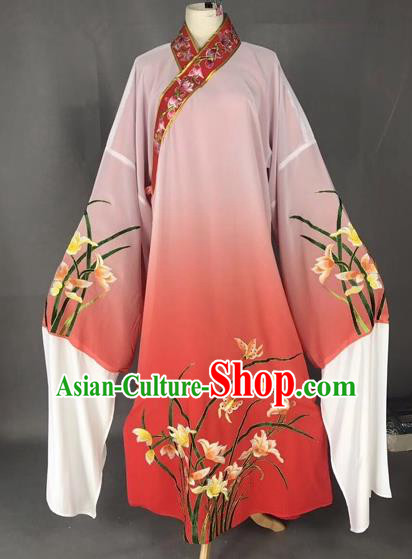 Chinese Traditional Beijing Opera Scholar Embroidered Orchid Gradient Red Robe Peking Opera Niche Costume for Adults