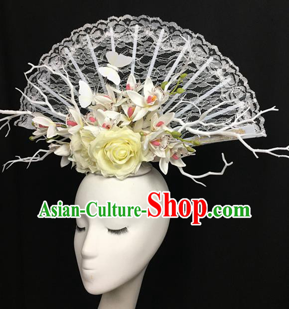 Top Halloween White Lace Hair Accessories Stage Show Chinese Traditional Catwalks Headpiece for Women