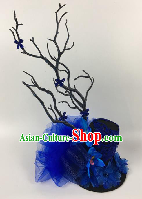 Top Halloween Catwalks Hair Accessories Stage Show Blue Veil Top Hat Headdress for Women