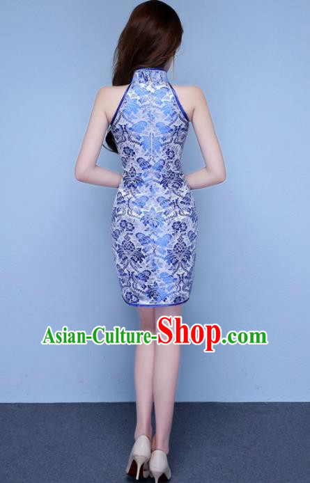 Chinese Traditional Qipao Dress Classical Costume Blue Short Cheongsam for Women