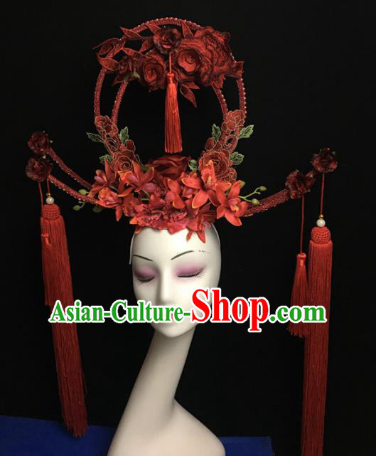 Chinese Stage Show Red Flowers Hair Accessories Traditional Catwalks Palace Headdress for Women