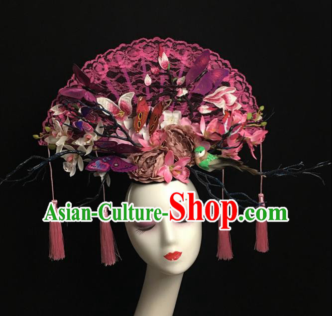 Chinese Stage Show Rosy Lace Magnolia Hair Accessories Traditional Catwalks Palace Headdress for Women