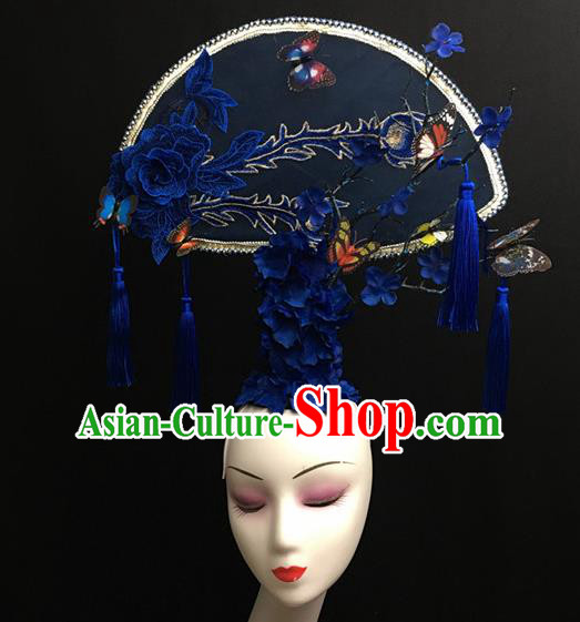Chinese Stage Show Royalblue Peony Hair Accessories Traditional Catwalks Palace Headdress for Women