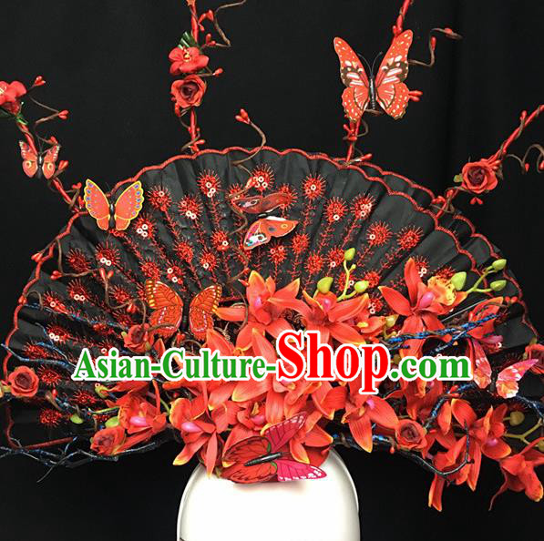 Chinese Stage Show Red Flowers Fan Hair Accessories Traditional Catwalks Palace Headdress for Women