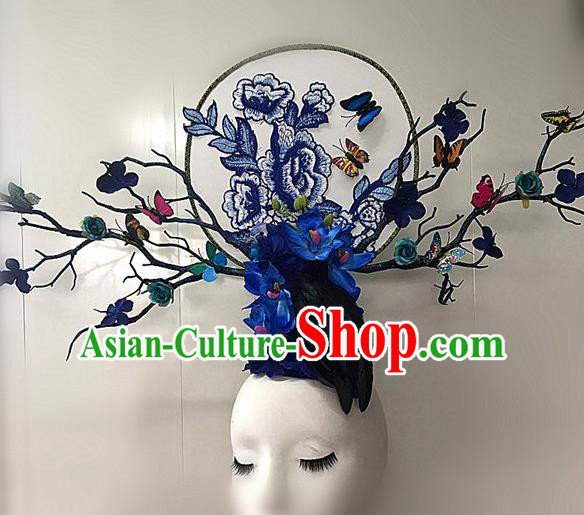 Chinese Stage Show Blue Peony Hair Accessories Traditional Catwalks Palace Headdress for Women