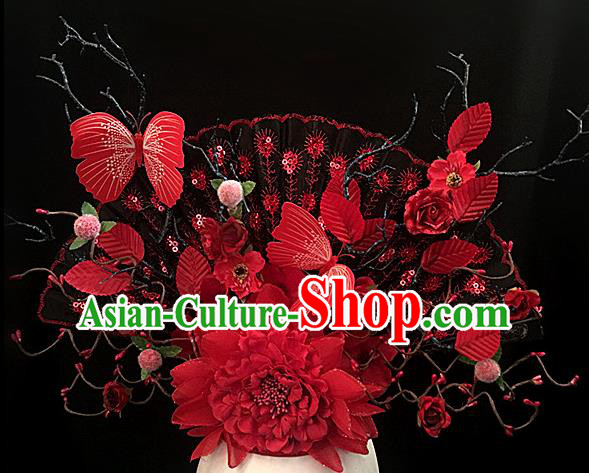 Chinese Stage Show Red Butterfly Peony Hair Accessories Traditional Catwalks Palace Headdress for Women