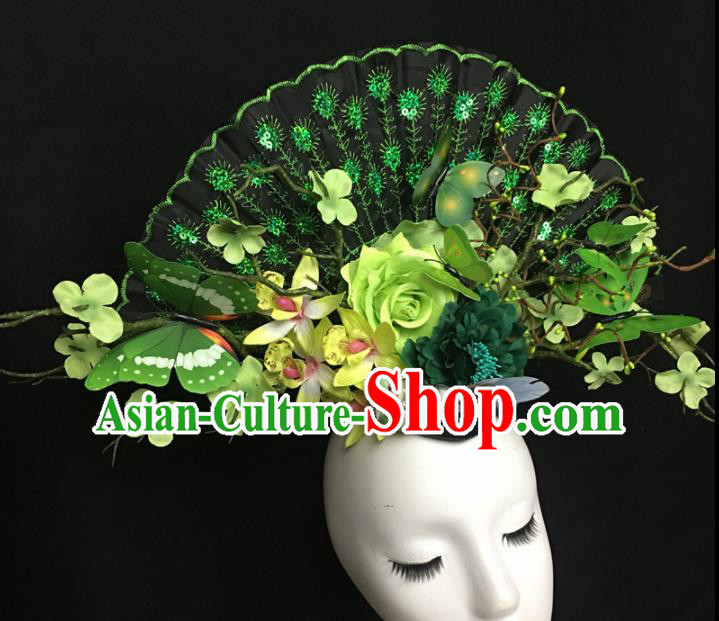 Chinese Stage Show Green Butterfly Peony Hair Accessories Traditional Catwalks Palace Headdress for Women