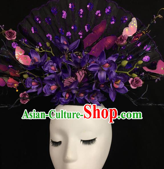Chinese Stage Show Purple Flowers Hair Accessories Traditional Catwalks Palace Headdress for Women