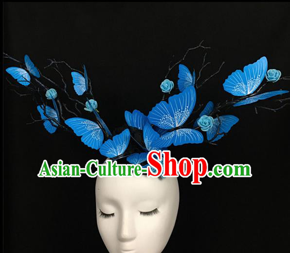 Top Brazilian Carnival Stage Show Headpiece Halloween Catwalks Blue Butterfly Hair Accessories for Women