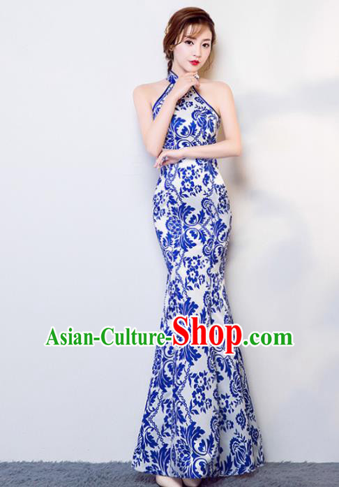 Chinese Traditional Elegant Qipao Dress Classical Costume Blue Cheongsam for Women