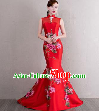 Chinese Traditional Elegant Qipao Dress Classical Costume Red Mermaid Cheongsam for Women