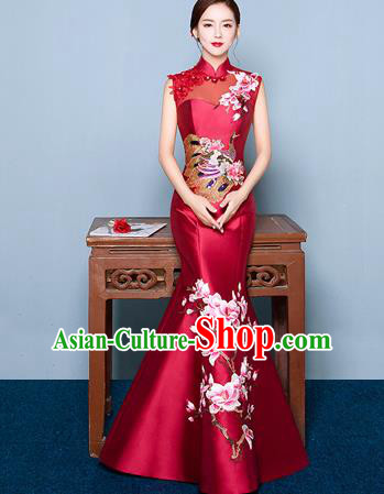 Chinese Traditional Elegant Magnolia Qipao Dress Classical Costume Wine Red Cheongsam for Women
