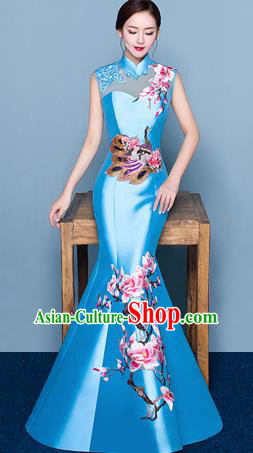 Chinese Traditional Elegant Magnolia Qipao Dress Classical Costume Blue Cheongsam for Women
