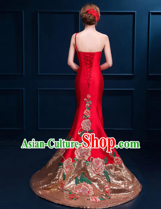 Chinese Traditional Elegant Trailing Qipao Dress Classical Costume Red Cheongsam for Women