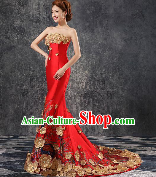 Chinese Traditional Wedding Trailing Qipao Dress Classical Costume Elegant Red Cheongsam for Women